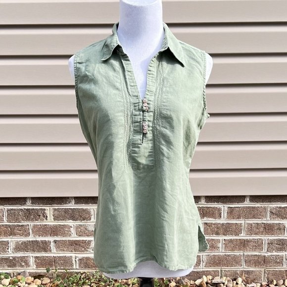 Geoffrey Beene Womens Green Linen Blend Tank Open‎ Work Detail Side Zip Size M - Picture 1 of 7
